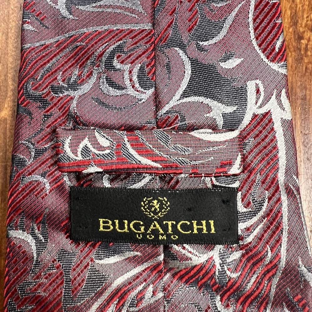 BUGATCHI UOMO Red Silver White Black Leaf Silk Woven Necktie TIE 58"L x 4"W - Picture 12 of 12